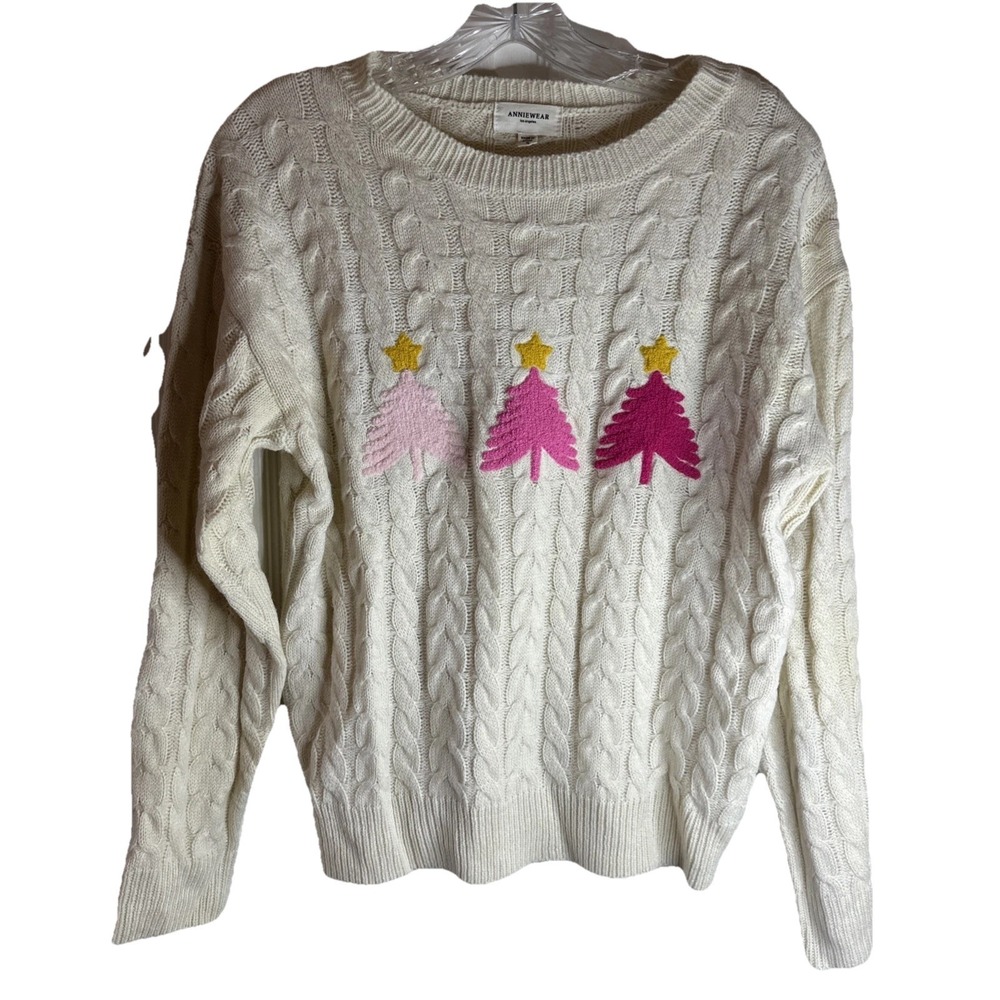 Anniewear Ugly Christmas Farm Tree Beige Pink Cable Sweater Small‎